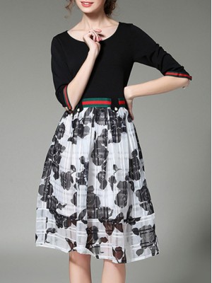 Black Color Block Print A-Line Dress