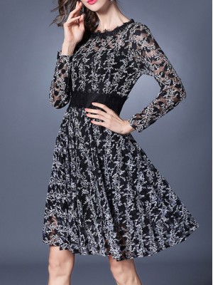 Black Sheer Print A-Line Dress