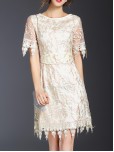 Beige Leaves Gauze Embroidered Dress