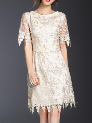 Beige Leaves Gauze Embroidered Dress