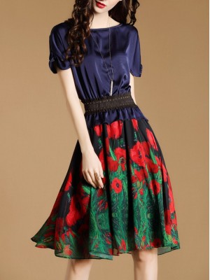 Navy Elastic-Waist Rose Print Dress