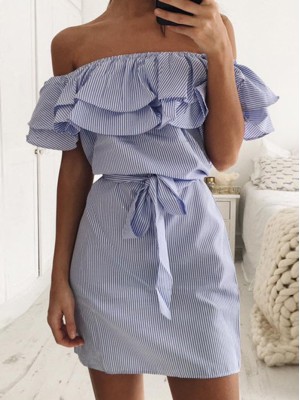 Blue Striped Layered Ruffle Tie Waist Dress