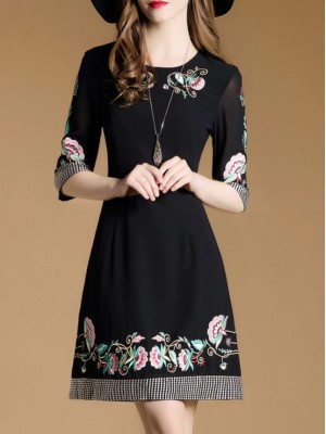 Black Flowers Embroidered A-Line Dress