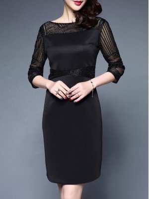 Black Sheer Beading Disc Flowers Dress