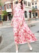 Pink Flowers Applique Peplum Print Dress