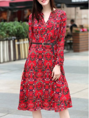 Red V Neck Print Belted A-Line Dress