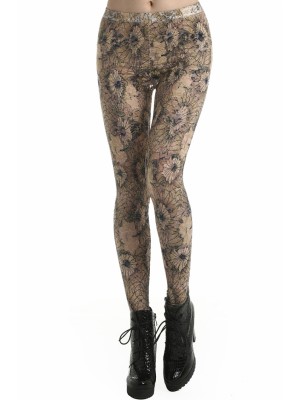 Golden Lotus Flower Print Brown Leggings