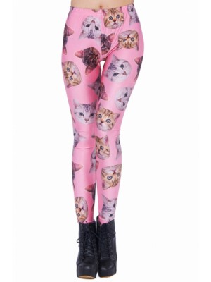 Cats' Heads Print Pink Leggings