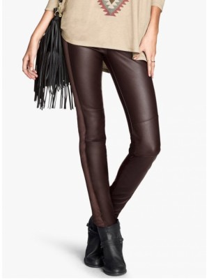 Brown Slim Elastic PU Leather Leggings