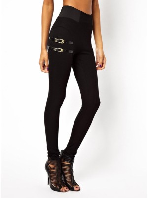 Black Slim Elastic Leather Buckle Leggings