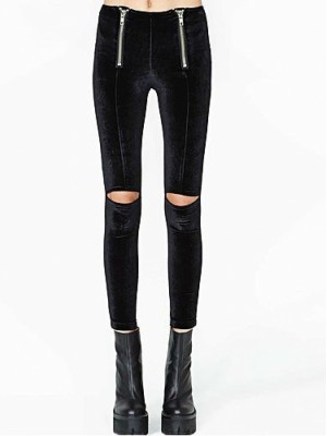 Black Velvet Leggings With Cut Out Knees