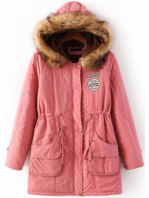 Pink Faux Fur Hooded Drawstring Pockets Coat