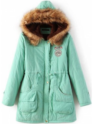 Green Faux Fur Hooded Drawstring Pockets Coat