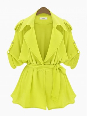 Yellow Rolled Sleeves Casual Coat with Epaulet and Belt