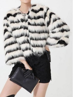 Black and White Stripe Unreal Fur Short Coat with Wide Sleeves