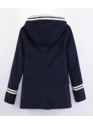 Navy Long Sleeve Fur Hooded Pockets Coat