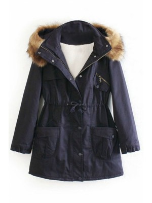 Hooded Self-tied Elastic Buttoned Navy-blue Coat