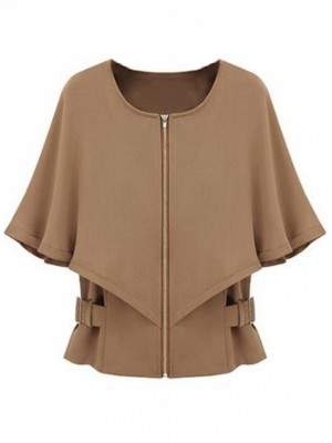 Camel Half Sleeve Zipper Crop Cape Coat