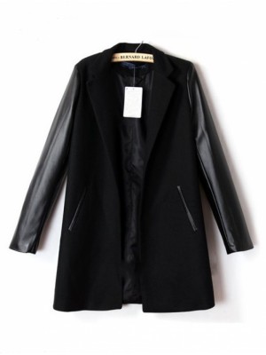 Black Lapel Contrast PU Leather Long Sleeve Coat