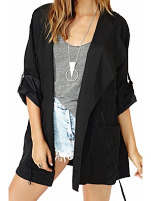 Rolled-up Sleeves Drawstring Hooded Black Coat