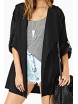 Rolled-up Sleeves Drawstring Hooded Black Coat