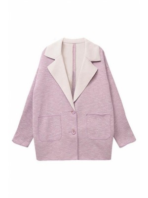 Lapel Color Block Loose Light-purple Coat