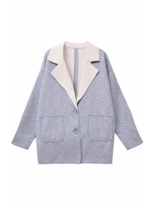 Lapel Color Block Loose Light-blue Coat