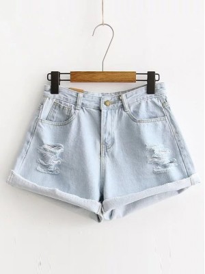 Ripped Detail Rolled Hem Denim Shorts