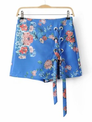 Floral Eyelet Lace Up Skirt Shorts