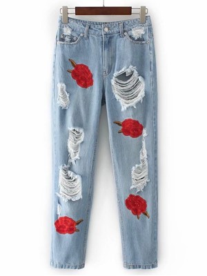 Ripped Detail Rose Embroidery Jeans