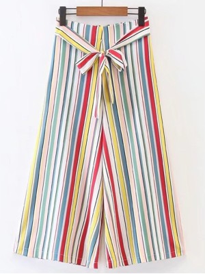 Vertical Striped Wide Leg Pants With Self Tie