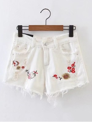 Raw Hem Ripped Detail Embroidery Denim Shorts