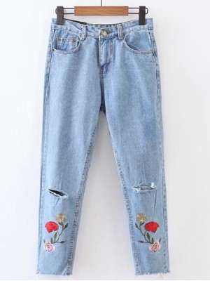 Ripped Detail Rose Embroidery Jeans