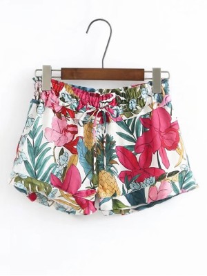 Drawstring Waist Flower Print Shorts