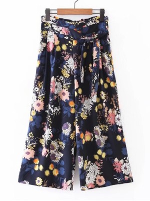 Tie Waist Floral Wide Leg Pants