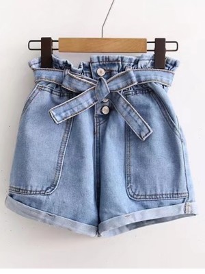 Tie Waist Rolled Hem Denim Shorts