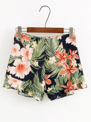 Flower Print Zipper Side Shorts