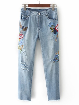 Ripped Detail Bleach Wash Ankle Jeans