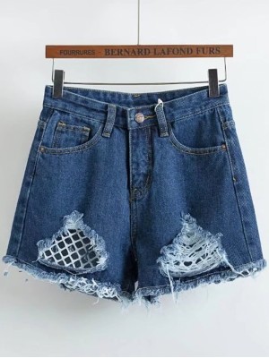 Contrast Mesh Ripped Denim Shorts