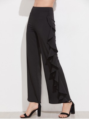 One Side Ruffle Trim Wide Leg Pants