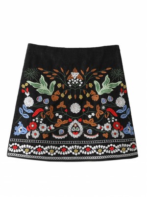 Black High Waist Embroidery Floral Corduroy A-line Skirt