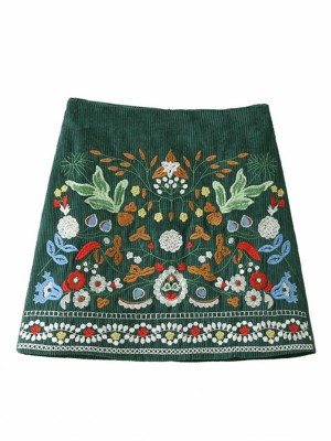 Green High Waist Embroidery Floral Corduroy A-line Skirt