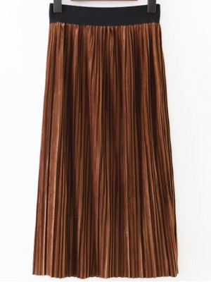 Khaki Elastic Waist Pleated Long Skirt