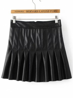 Black Pleated Back Zipper Faux Leather Skirt