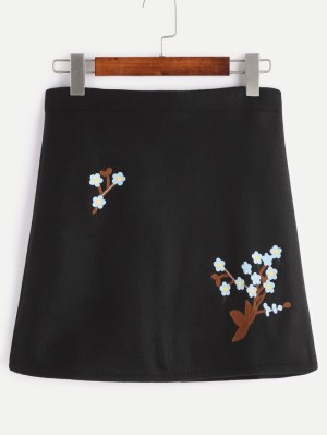 Black Flower Embroidered A-Line Skirt