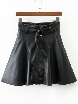 Black A Line PU Skirt With Belt