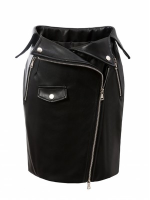 Black High Waist Foldover Asymmetric Zipper PU Pencil Skirt