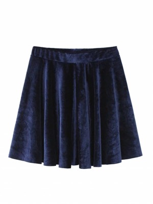 Navy High Waist Velvet Skater Skirt