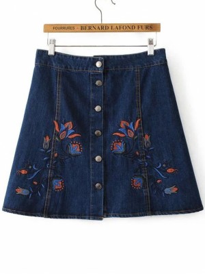 Blue Floral Embroidery Button Up Denim Skirt