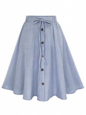 Blue Vertical Striped Buttoned Front Skirt